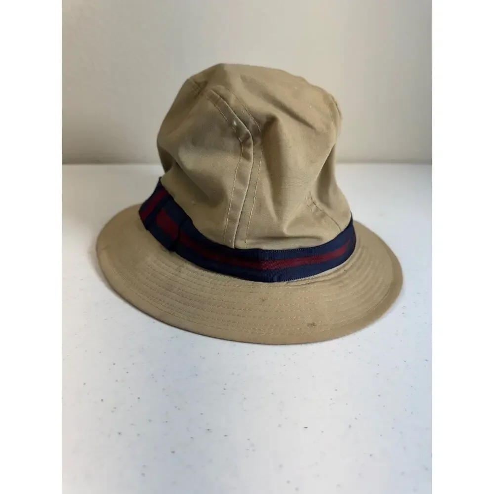 Vintage Stetson Khaki Cotton Fedora Hat Navy Burgundy Striped‎ M Grandpa Fishing